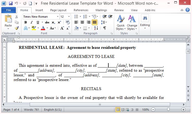 free residential lease template for word