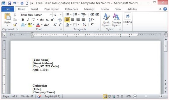 simple resignation letter format in word