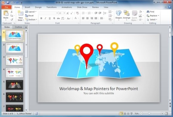World Map With Map Pointers for PowerPoint