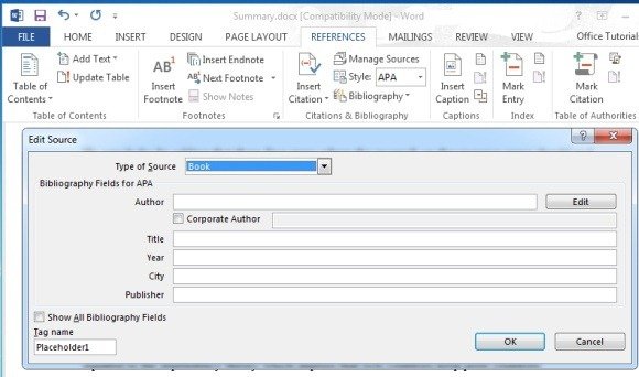 how to insert a citation for a book in word 2013