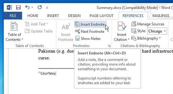 insert end not in ms word 2013