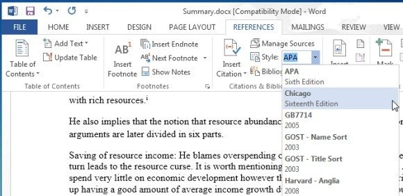 select referencing style in word