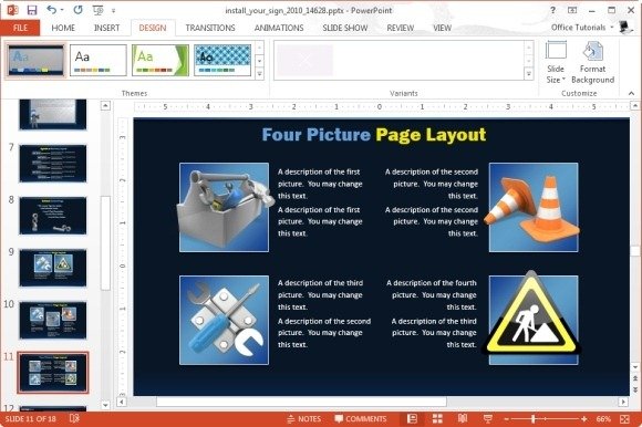 picture page layout with construction icons