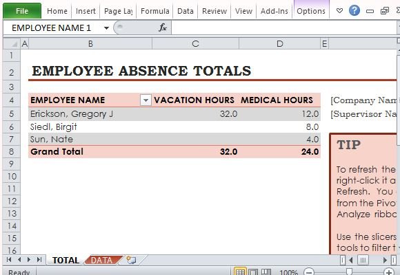 Conveniently Use the PivotTable to Track Employee Absences
