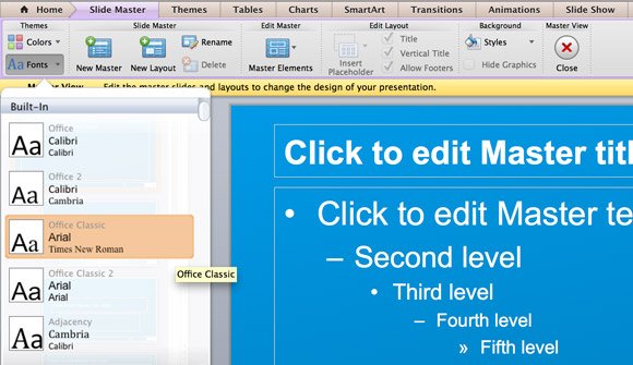 powerpoint for mac set default fonts