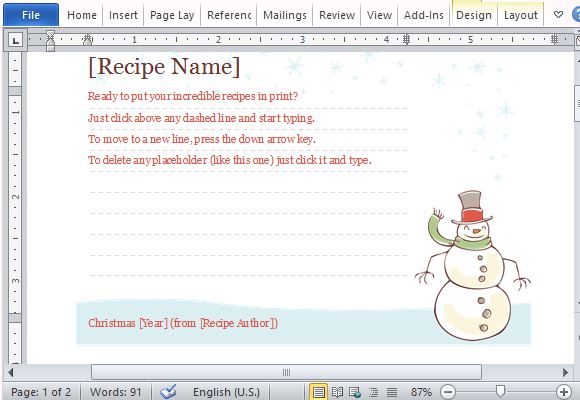 fillable christmas recipe card template for word