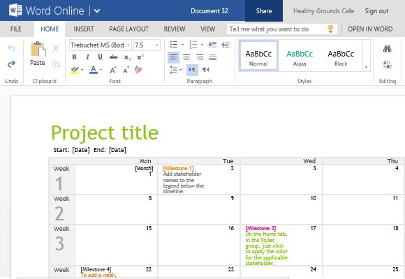 Project Planning Timeline Calendar For Word Online