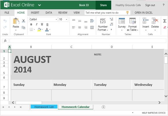 homework calendar template for excel