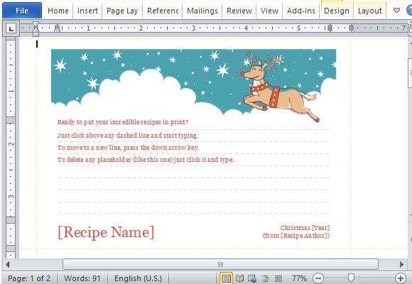 Lined Recipe Cards Template for Christmas Season