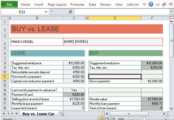 Car Buy vs Lease Calculator For Excel
