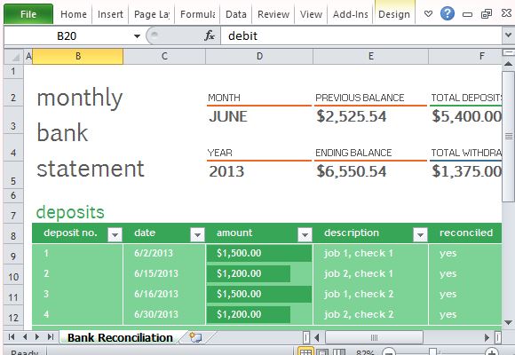 Professionally Designed Template for Bank Reconciliation