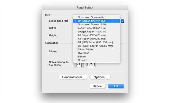 Page Setup Dialog box in PowerPoint for Mac