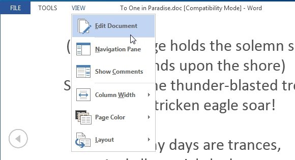 Read Mode settings for Word 2013
