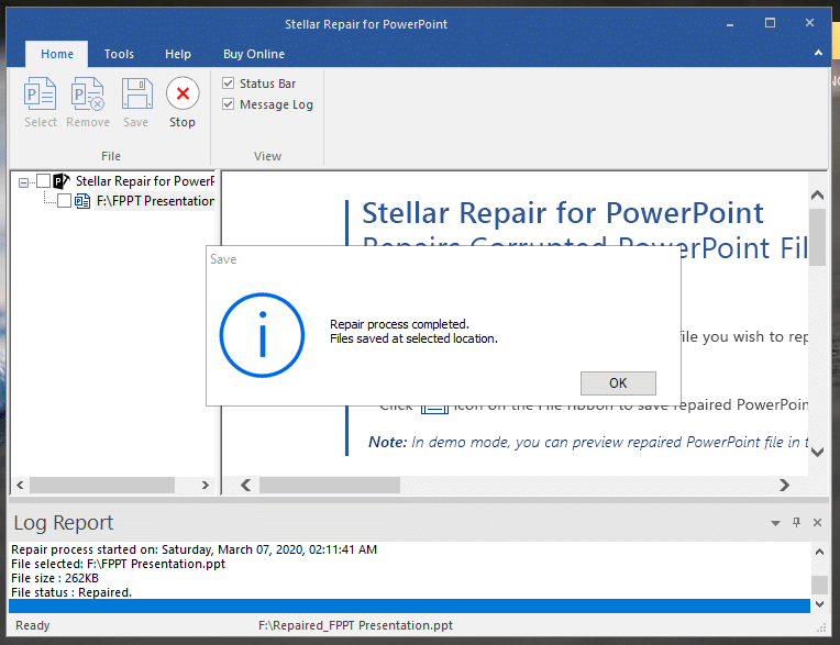 Repair Corrupted File Completed Successfully PowerPoint using Stellar Phoenix software