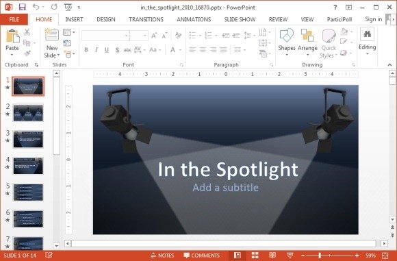 Spotlights PowerPoint template with two spotlights pointing to the center.