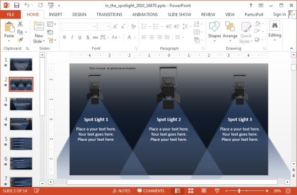 Three spotslights in a PowerPoint presentation slide to showcase products.
