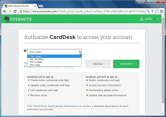 Connect Evernote account with CardDesk