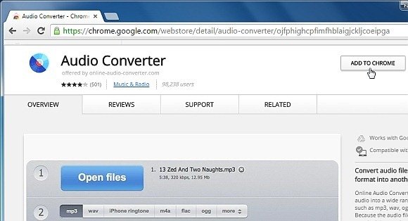 Add audio converter app to Chrome - Example of Audio Converter tool for Chrome to convert Google Drive to MP3