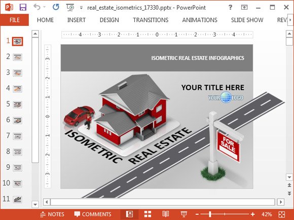 Isometric PowerPoint template with Real Estate text