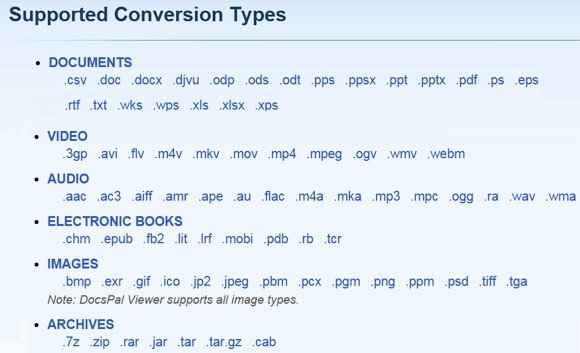 DocsPal supported conversion formats