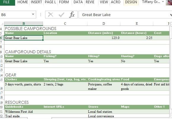 Camping Trip Planner For Excel