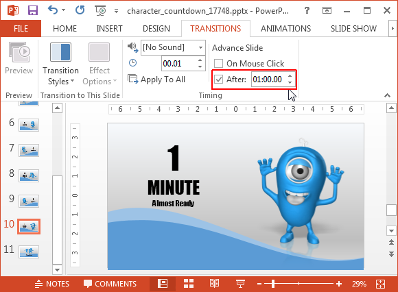 Adjust timer to time your slides - Example of 1-minute timer in PowerPoint presentation