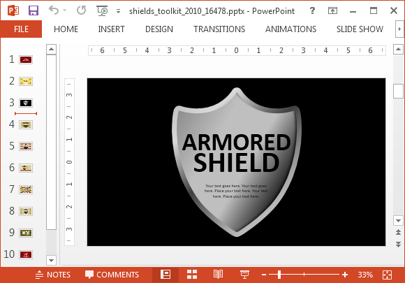 Grey metallic shield design - Example of Armorer Shield Shape for PowerPoint Presentations over Black Background