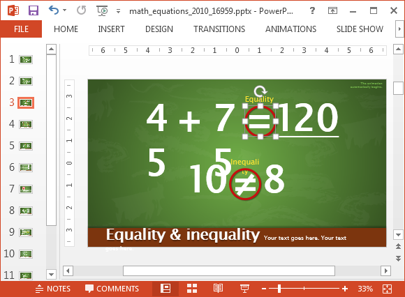 Highlight equations in a PowerPoint slide to present formulas and equations in presentations