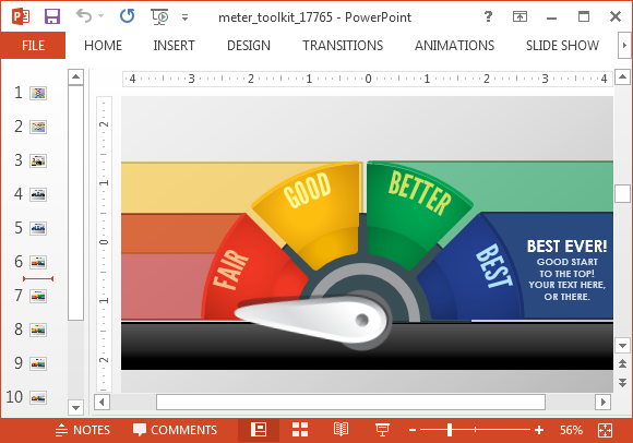 Meter toolkit template for PowerPoint with a Gauge design showing Fair Good Better and Best options