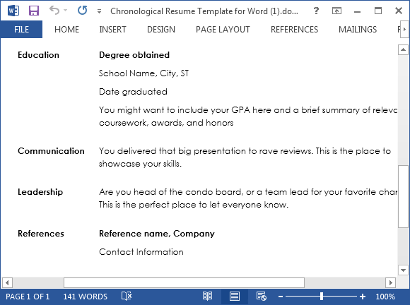 Sample resume for MS Word