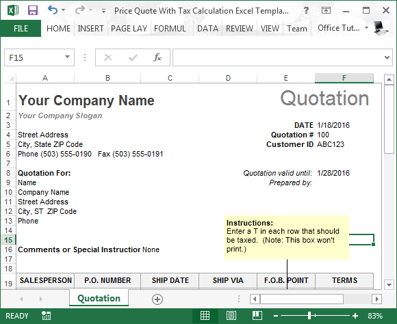 Price quote with tax calculation Excel template