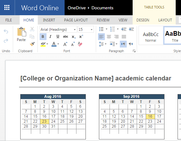2016-2017 academic calendar template for Word online