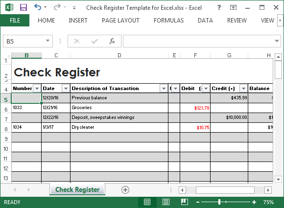 Free check register Excel template