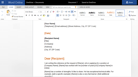 Letter of recommendation template for Word