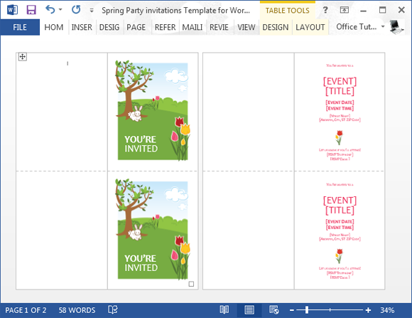Spring party invitation template for Microsoft Word