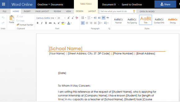 Student reference letter template for Microsoft Word Online