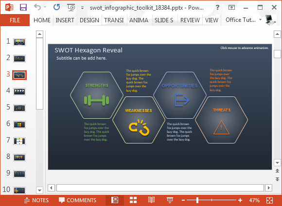 SWOT Analysis diagram for PowerPoint created with Hexagonal shapes