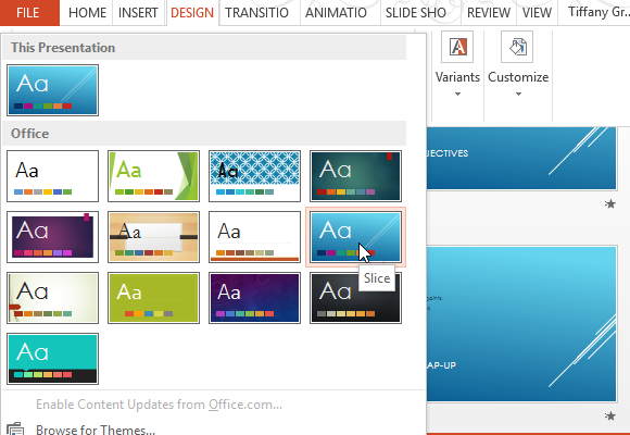 Change the theme in a Training presentation design for PowerPoint
