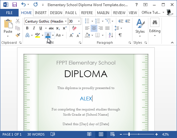 Editable elementary school diploma Word template