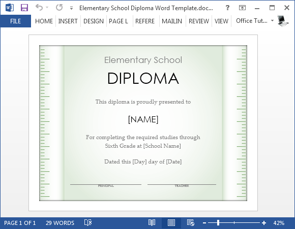 Elementary school diploma template for Word