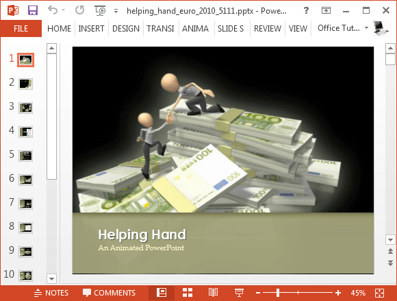 Helping hand Euro money stack PowerPoint template