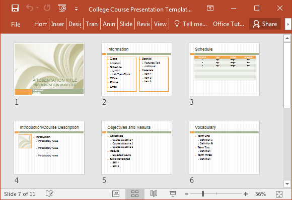 Slide sorter view for college course template