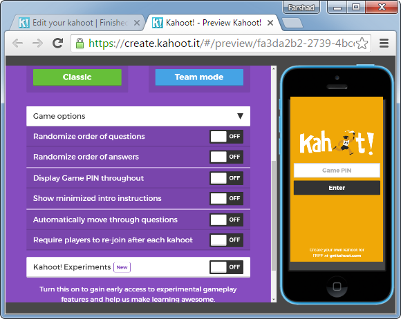 Configure kahoot settings