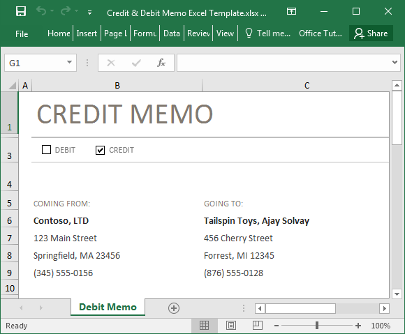 Credit and debit memo Excel template