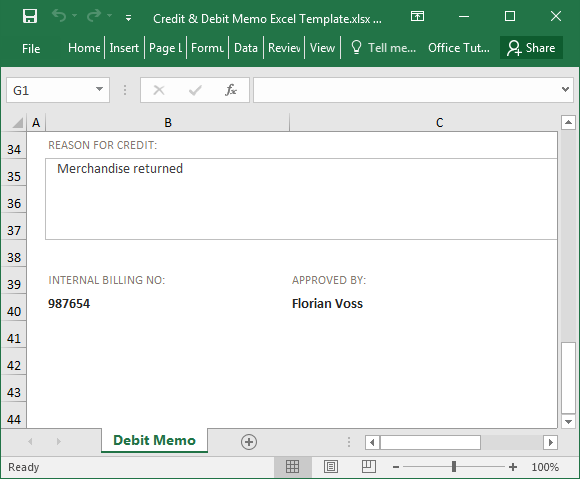 Debit memo Excel template