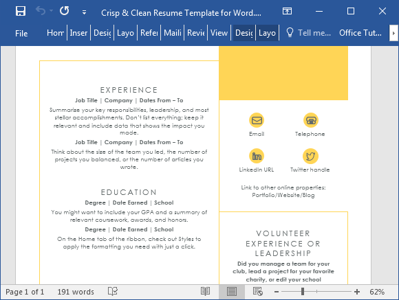Resume template for Microsoft Word 2016