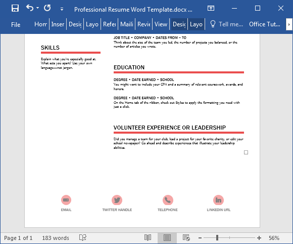 Resume template for Word 2016