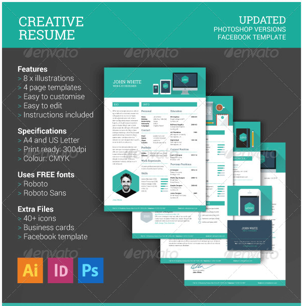 Creative Resume template for Adobe Illustrator, Photoshop and for presentations, with a one-page resume.