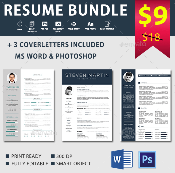 Resume Bundle with 3 coverletter resume templates for Word and Photoshop.
