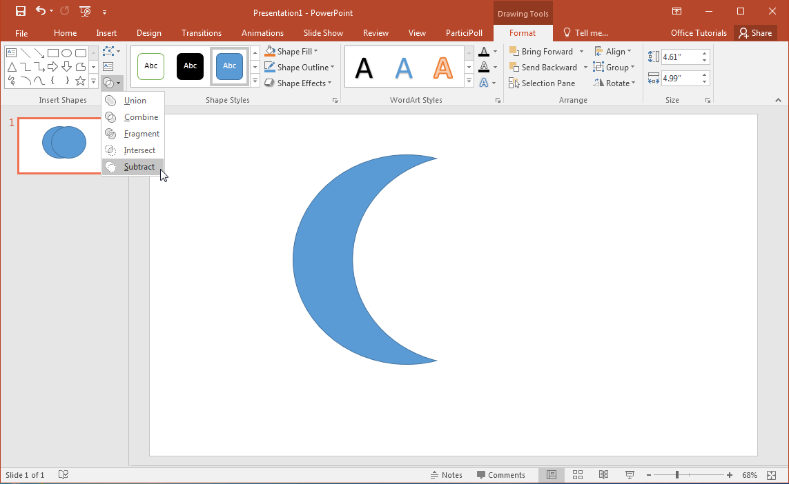 Example of a moon shape in PowerPoint created from two circles and using Subtract operation